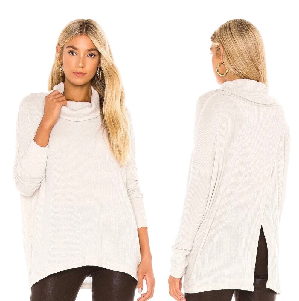 Free People We The Free Juicy Waffle Knit Cowl Neck Top Beige Large